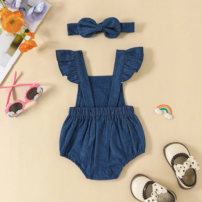 Newborn Girl Bodysuit Outfit Embroidery Rainbow Fly Sleeve Romper with Bowknot Hairband