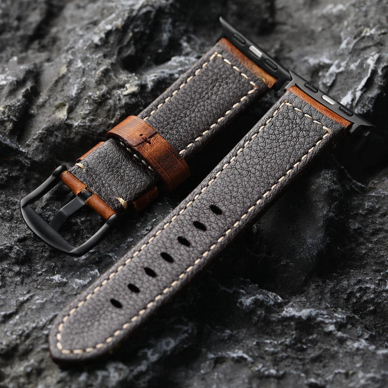 Handmade Leather Strap for iWatch Apple Genuine Leather Ultra2 49MM 44MM 42MM Brown Vintage Aged Watch Strap
