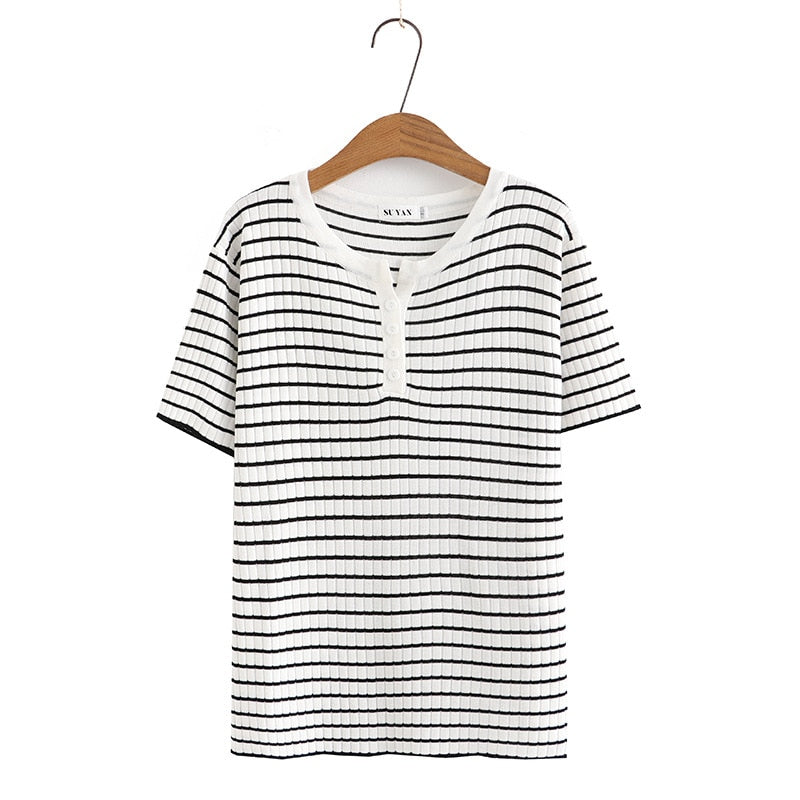 Women T-Shirt Summer Short Sleeve Stripe Knit Tops Loose Tees Oversized Curve Clothes