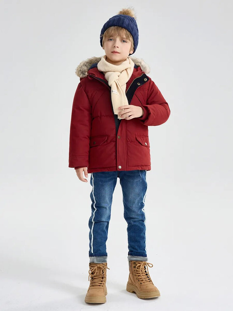 Little Boys Winter Jacket Toddler Kids Puffer Faux-Down Sherpa Lined Fur Hood Mid-Weight Water-Resistant Coat