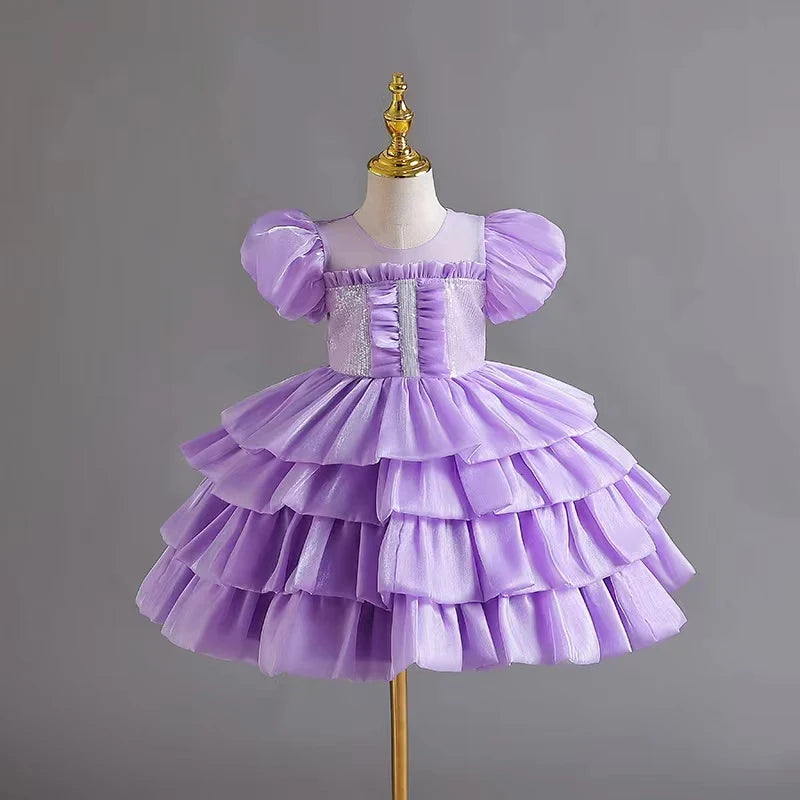 Tulle Girl Princess Dress Summer Party Kids Knee Length Dress Puffy Sleeve Birthday Baby Girl Clothes