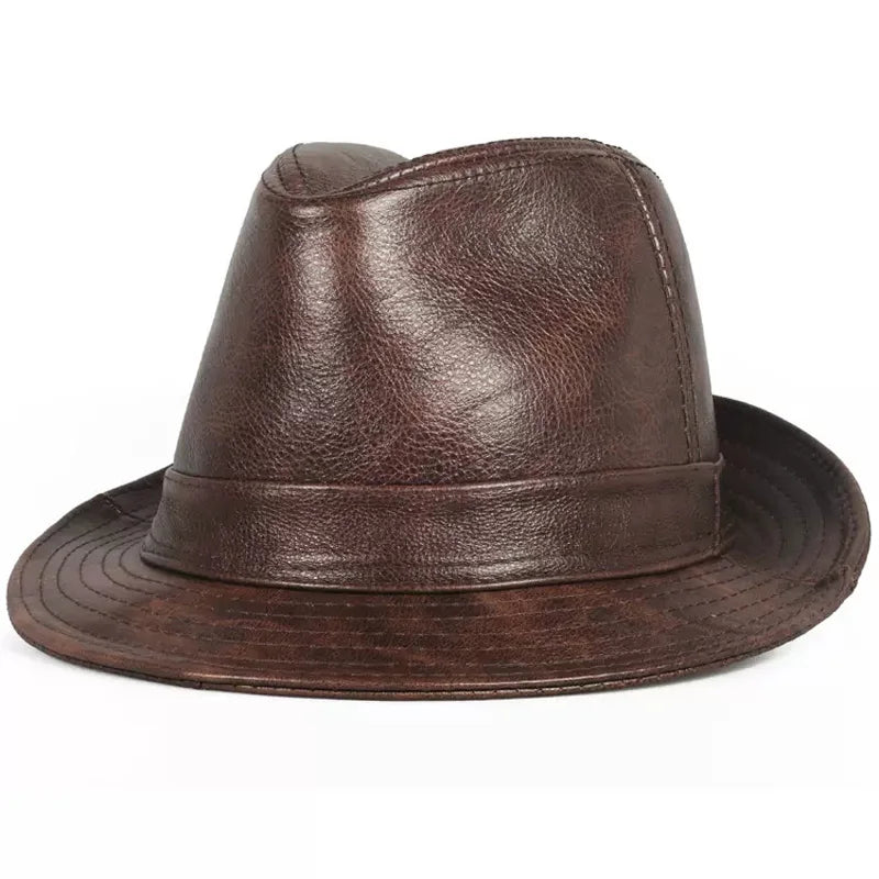 Men Genuine Leather Jazz Fedora Cap Gentleman Short Brim Topper