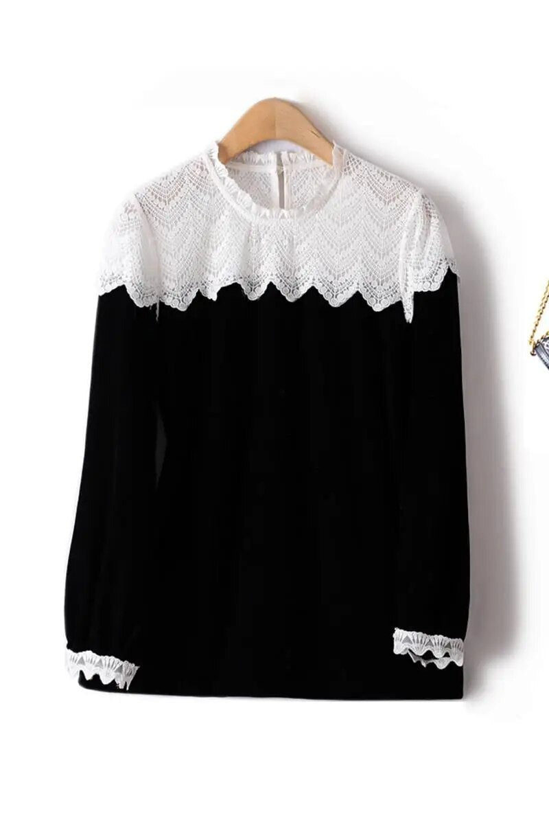 women Spring Autumn French Crochet Stitching Velvet Contrasting Women's T-Shirts