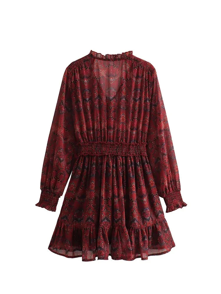 Retro Women's Spring Long Sleeve Chic Lace Sleeve Robe Party Dress Women Pleated Mini Skirt Lined