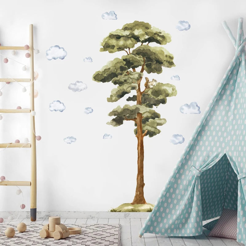 Woodland Tree Squirrel Cloud Wall Sticker Wildlife Animal Wall Decal Playroom Home Decor