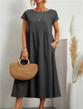 Women Short Sleeve Maxi Dresses Women O Neck Cotton Linen Long Dress Casual Loose Dress with Pocket