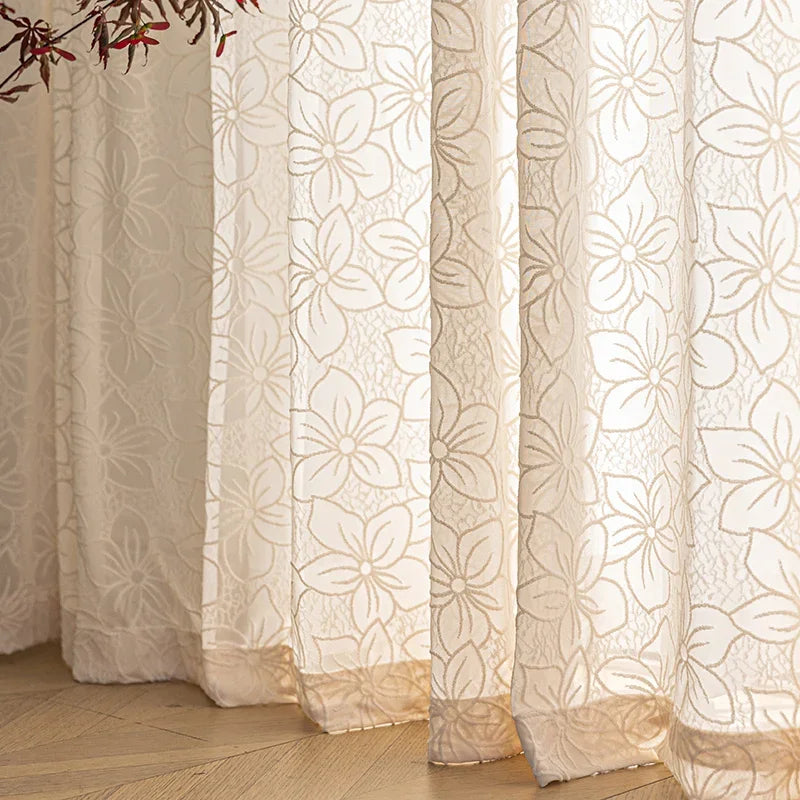 Living Room Curtain Cream Beige Bedroom Decorative Curtains Floral Pattern Light-transmitting Study Curtains