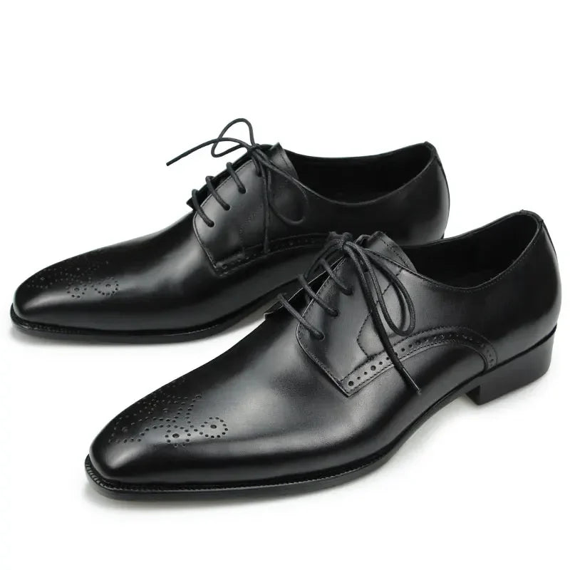 Men Shoes Brogues for Wedding Classic Black Office Genuine Leather Lace Up Dress Pointed