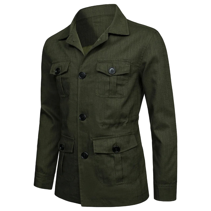 Mens Jacket Coat Spring Multi Pockets Cargo Outwear Casual Turn-down Collar Streetwear