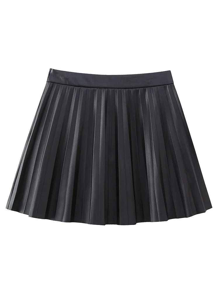Women Autumn Preppy Style Pleated Short Skirts Streetwear Leather Mid Waist Mini Skirt