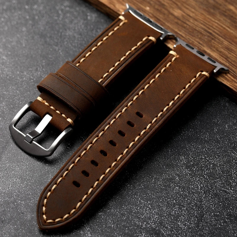 Handmade Leather Watchband Fits Apple Watch Thickened Brushed Leather Vintage Style