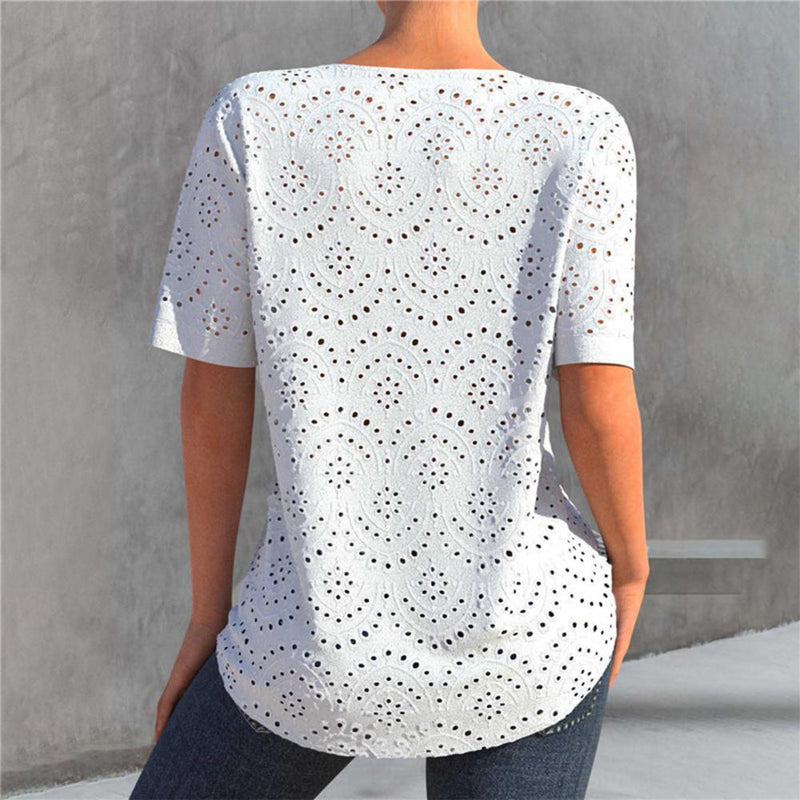 V Neck Women Blouse Embroidery Hollow Short Sleeve Cotton Blend Summer Lady