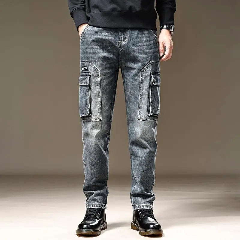 Jeans for Men Straight Pants with Pockets Trousers Cargo Regular Stacked Trend