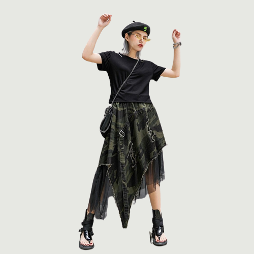 Women Skirt Autumn Retro Mesh Spliced Camouflage Denim Skirts Loose Leisure Long Ladies Skirts New