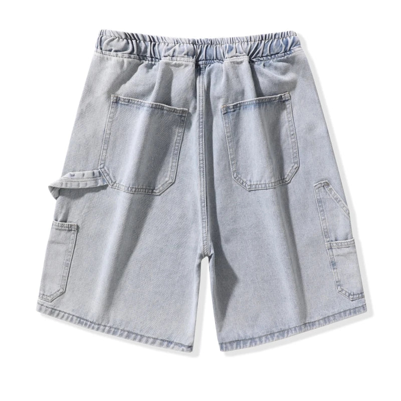 Summer Men Workwear Denim Shorts with Drawstring Waist