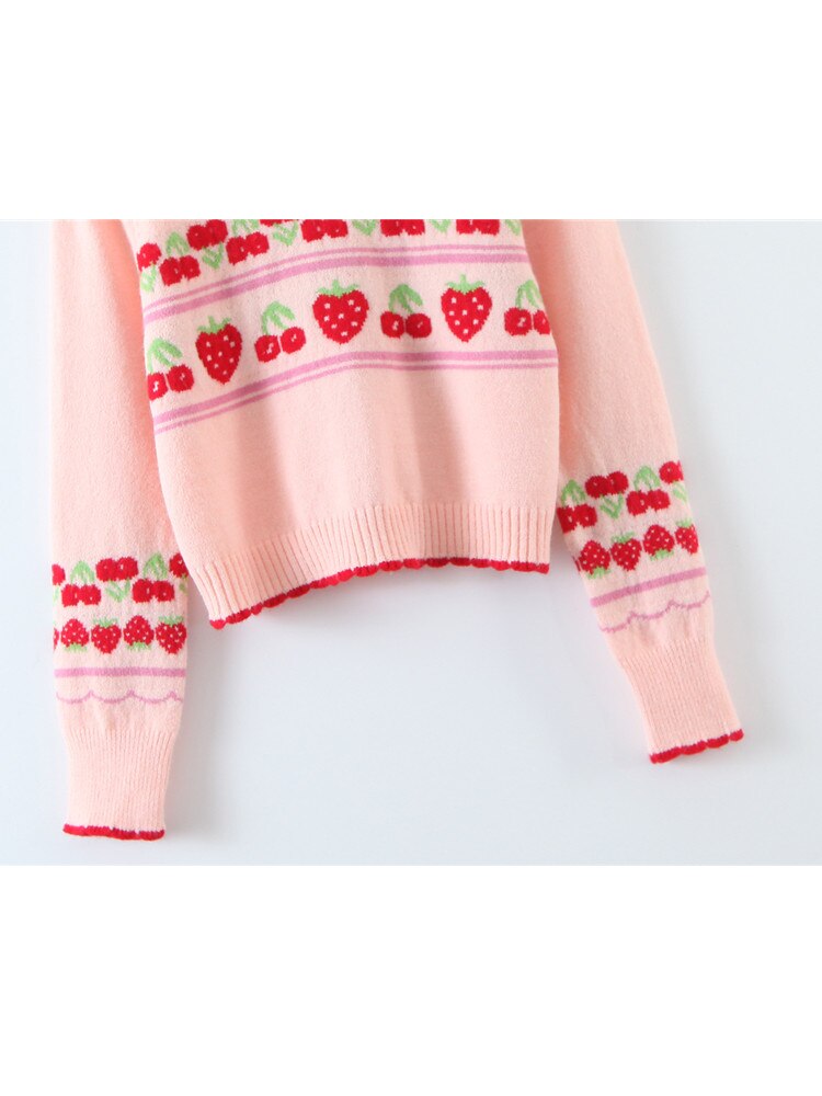 Women Autumn Winter Knit Cardigan Slim Cute O-Neck Strawberry Jacquard Reverse Wear Long Sleeve Sweater Female