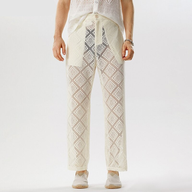 American Style Men Trousers Sexy See-through Lace Long Pants Male Diamond Patterned