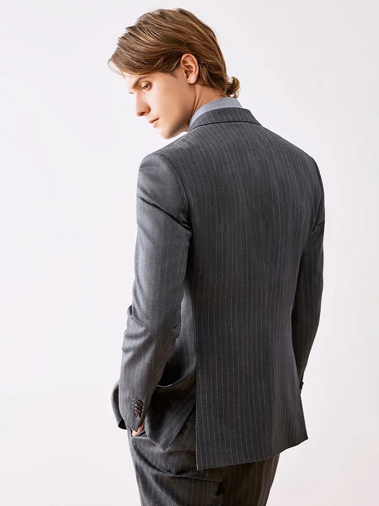 Wool Men Suits Set Grey Stripe Double Breasted Formal Wear Clothing Blazer Vest Pant