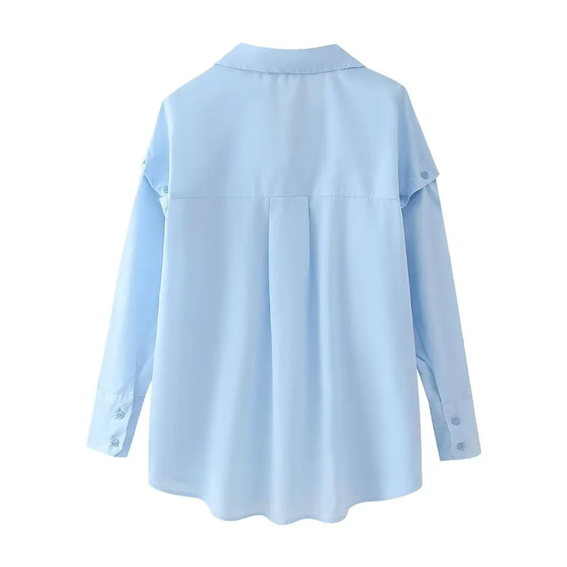 Casual Women Blouse Solid Detachable Sleeves Turn-down Collar Single Breasted Blouse