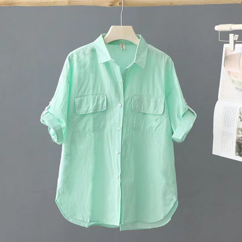 Summer Short Sleeve Cotton Shirt Women Casual Tops Solid Loose Fashion Blouse Elegant Pocket Office Lady Shirts Clothing