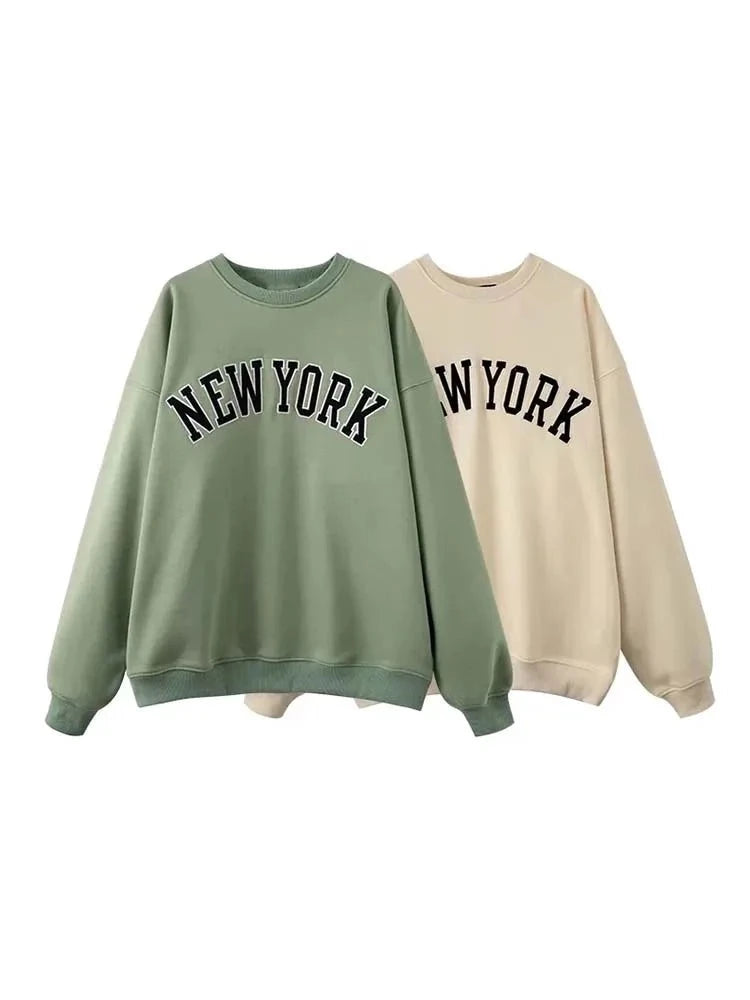 Embroidery Loose Sweatshirt Spring Ladies Round Collar Green Streetwear Chic Sweatshirt