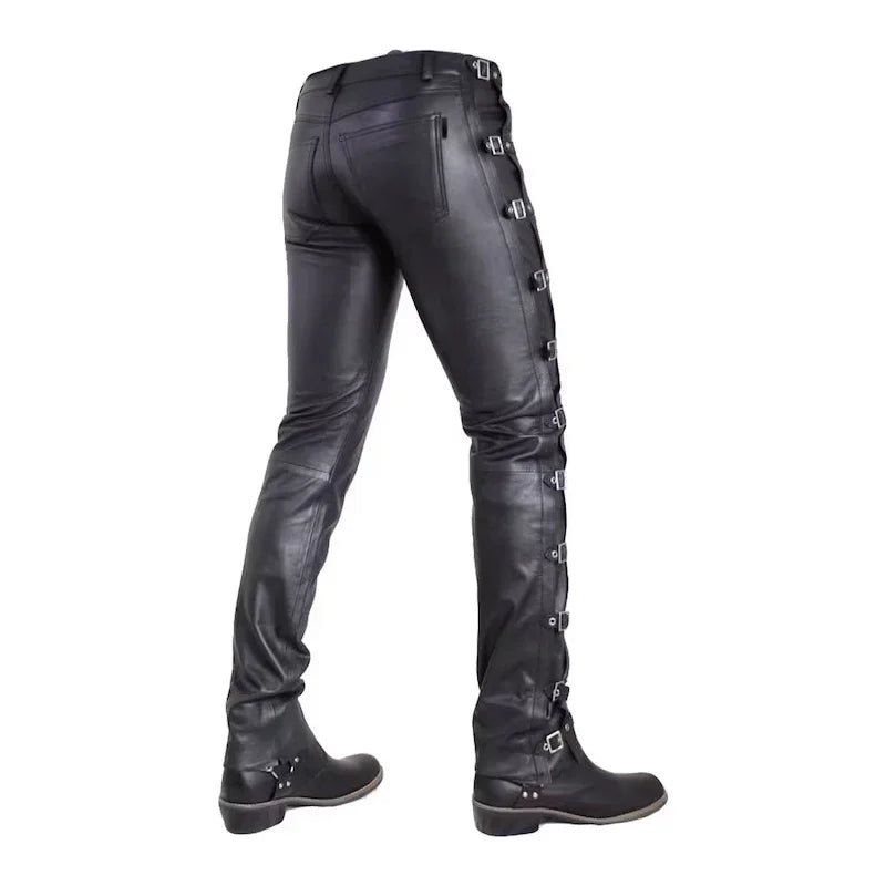 Men Leather Straight Pants Male Slim Splicing Pencil Trousers