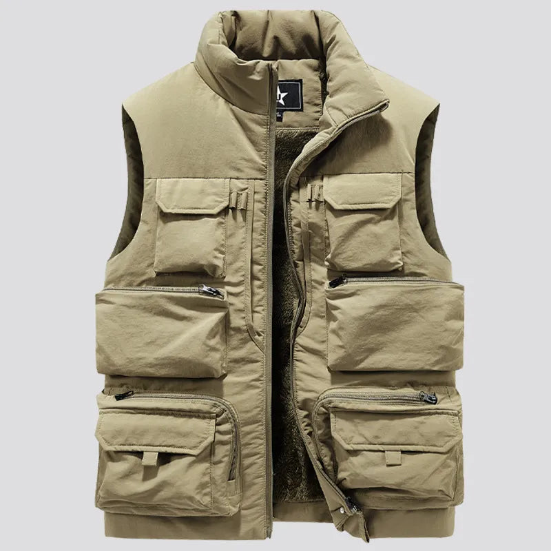 Men Winter Sleeveless Jacket Waistcoat Thick Warm Fleece Workear Cargo Vest Windbreaker Fashion Many Pocket Coat Men