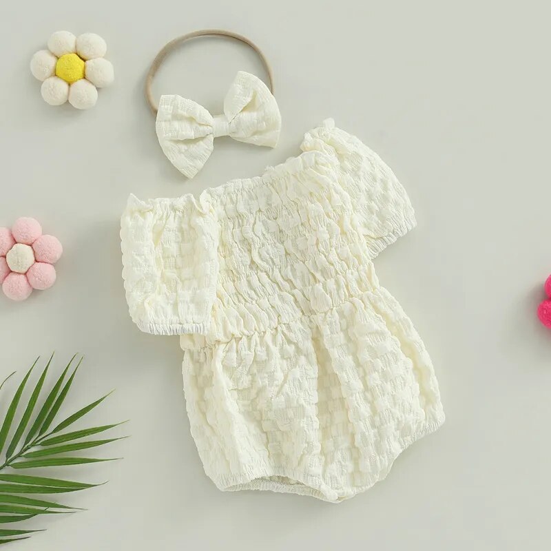 Lovely Summer Newborn Baby Girls Rompers Clothes Solid Ruched Off Shoulder Short Sleeve Bodysuits Jumpsuits Headband Outfits