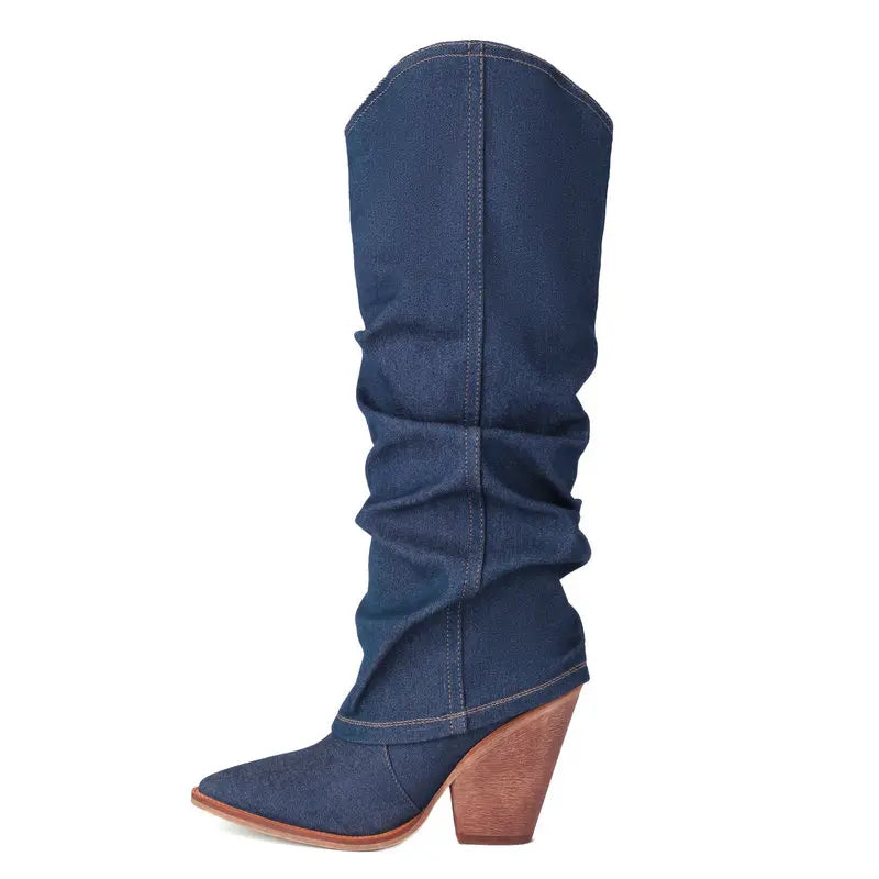 Denim Women Knee High Boots Wedges High Heel Western Boots Autumn Winter Boots