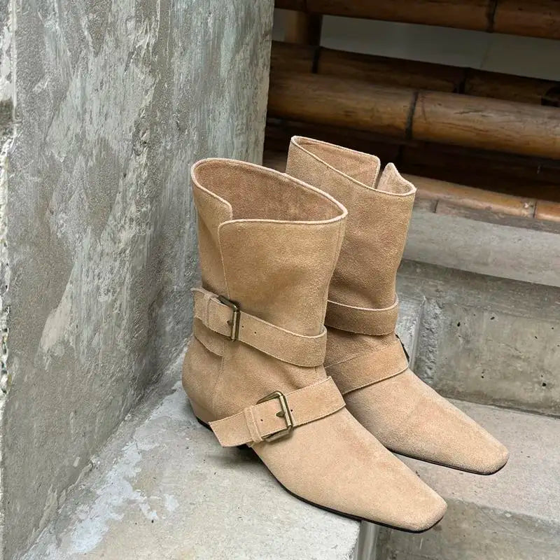 Handmade Retro Low Heels Buckle Autumn Winter Western Boots Ladies Shoes