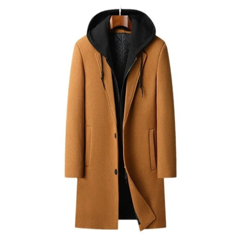 Men Hooded Woolen Blends Cashmere Long Casual  Wool Coats Trench Coats Male Winter Coats Business Casual Winter Jackets Size 4XL