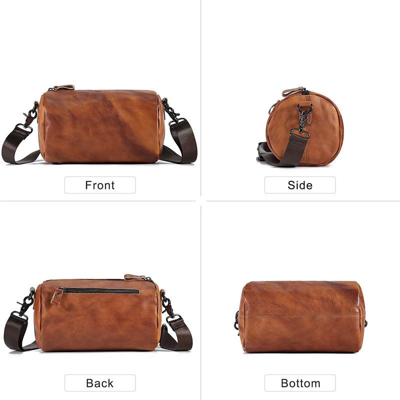 Vintage Real Leather Crossbody Bag for Men Women Cylindrical Shoulder Bag Designer Small Messenger Bag