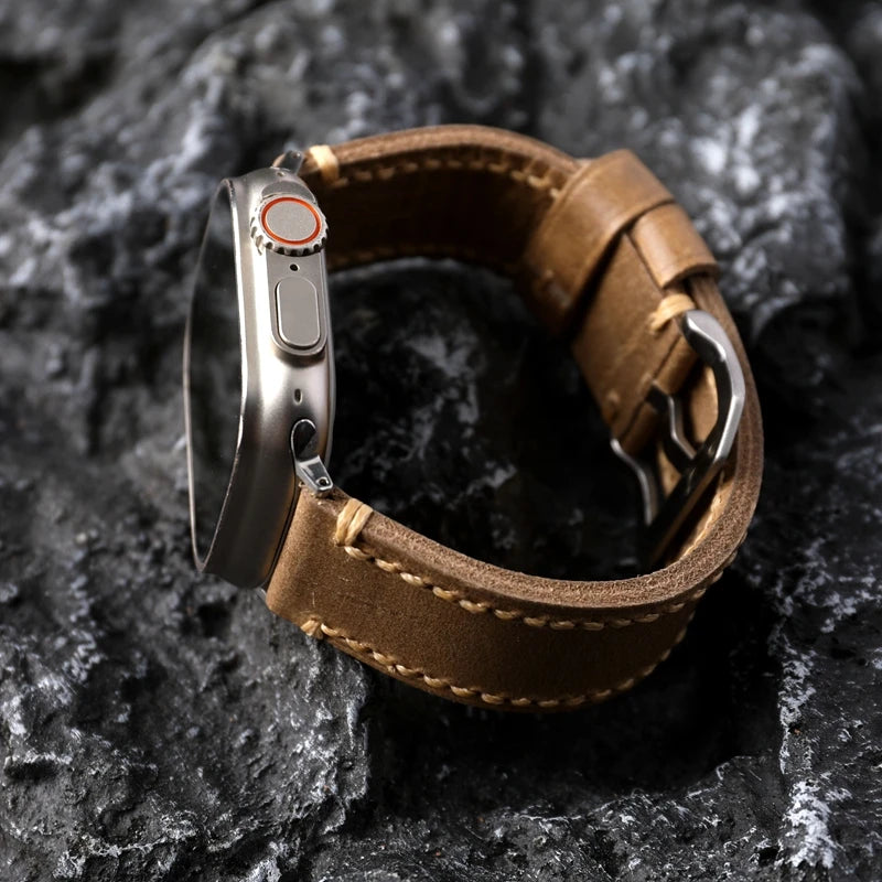 Handmade For Apple Ultra Watch Strap 49MM 45MM Brushed Leather Men's Bracelet