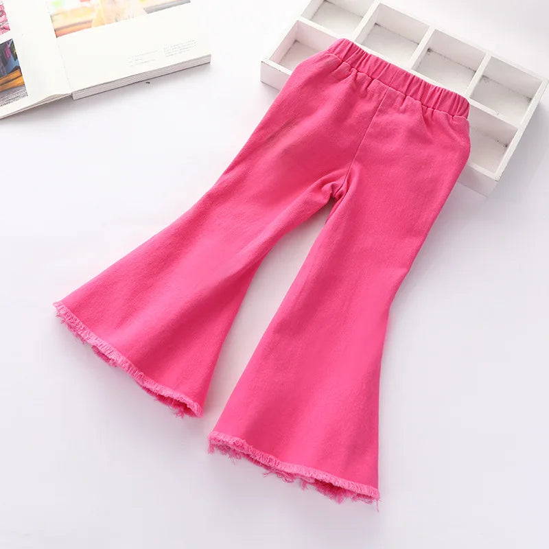 Baby Girl Princess Flares Jeans Pant Hot Pink Cotton Infant Toddler Child Denim Trousers Casual