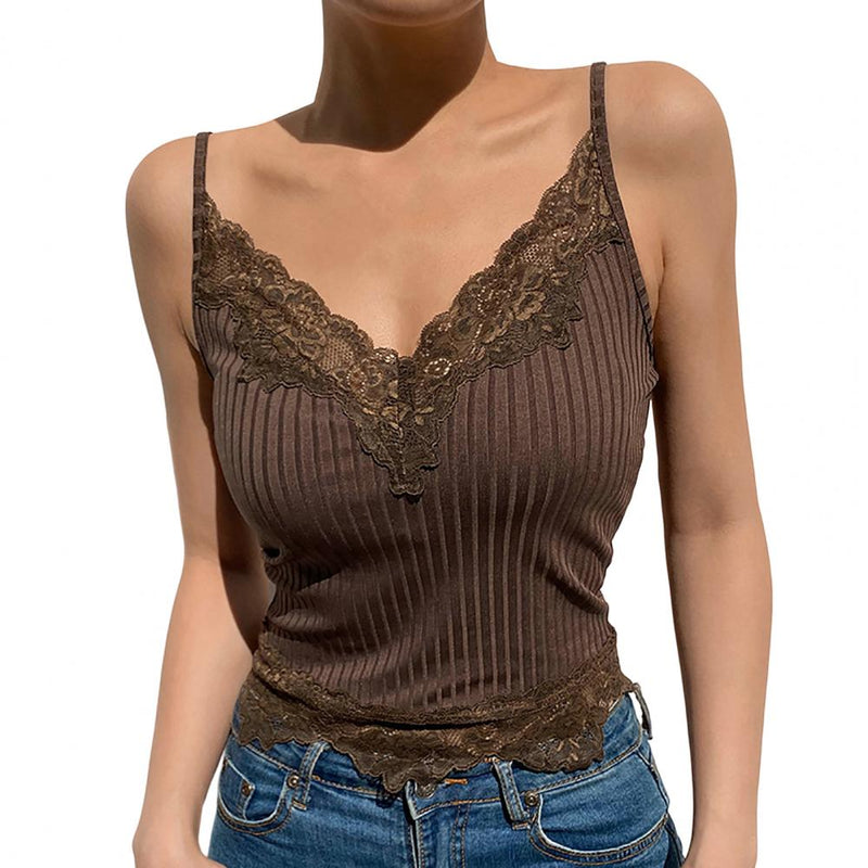 Floral Bralette Women Tank Top Deep V Neck Slim Fit Sleeveless Pullover Solid Sexy Lace Sling Camisole Lady Vest T-shirt