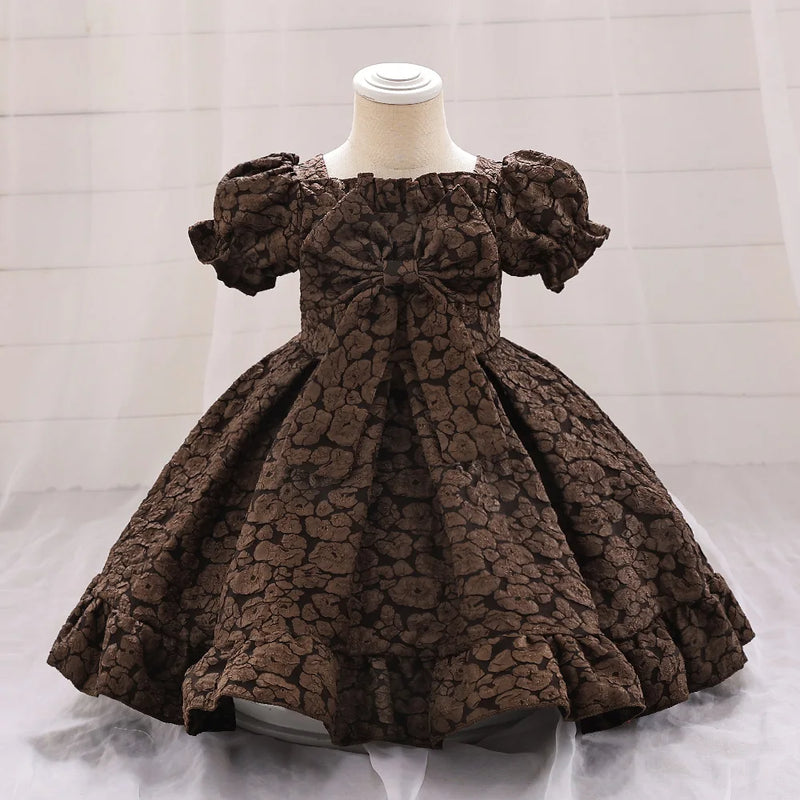 Retro Baby Girl Birthday Party Dress Christmas Floral Big Bow Wedding Gown Kids Formal