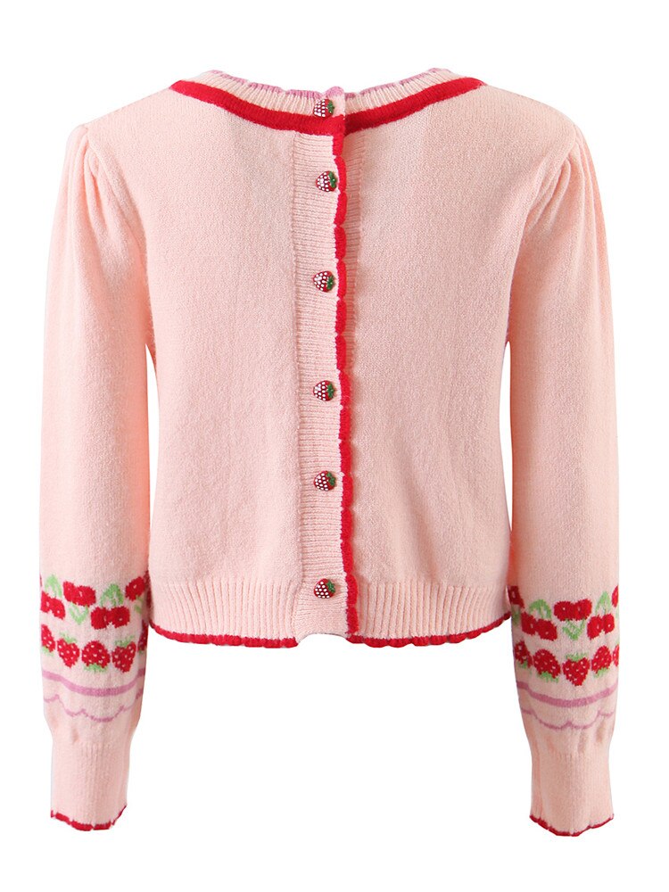 Women Autumn Winter Knit Cardigan Slim Cute O-Neck Strawberry Jacquard Reverse Wear Long Sleeve Sweater Female