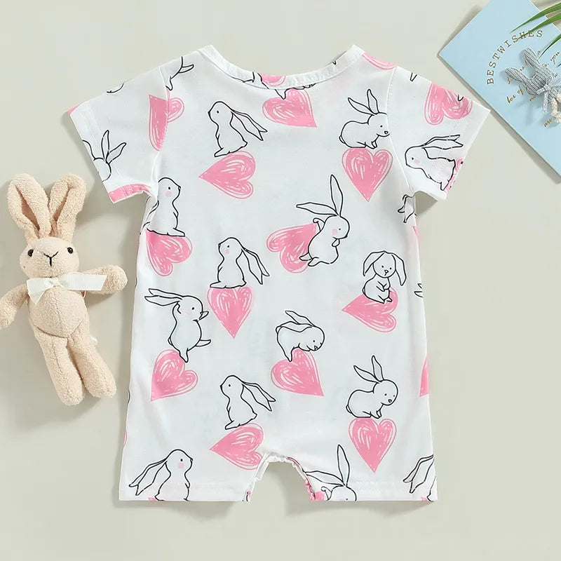 Easter Newborn Baby Girls Jumpsuit Bunny Heart Print Summer Short Sleeve Romper for Toddler Casual Clothing