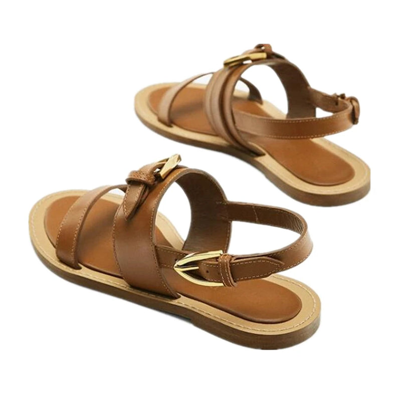 French Ladies Genuine Leather Flat Sandals Summer Elegant Casual Sandals For Women