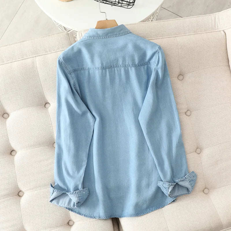 Women Thin Blouse Mercerized Denim Shirt Spring Summer Long Sleeve Lady Loose Tops