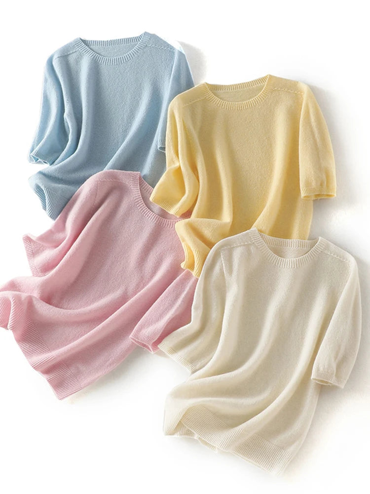 Wool Pullover Round Neck Half-sleeve Solid Simple Loose Versatile Sweet Commute Sweater Fall Winter