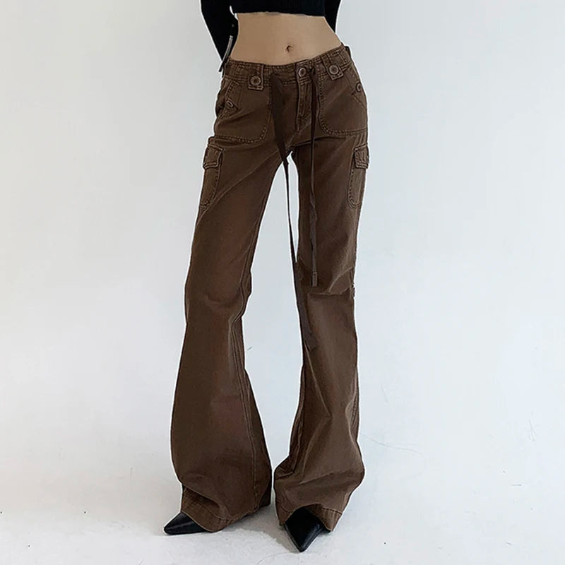 Chic Brown Low Waisted Flared Jeans Stitched Streetwear Denim Trousers