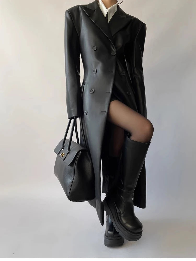 Leather Trench Coat for Women Shoulder Pads Double Breasted Luxury European Clothes