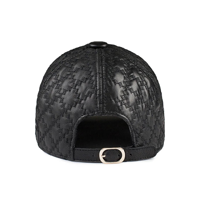 Men Hats Genuine Leather Rhombus Check Embroidered Baseball Cap Retro Casual