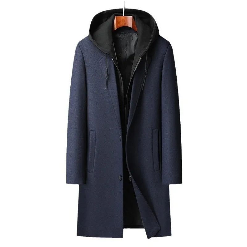 Men Hooded Woolen Blends Cashmere Long Casual  Wool Coats Trench Coats Male Winter Coats Business Casual Winter Jackets Size 4XL