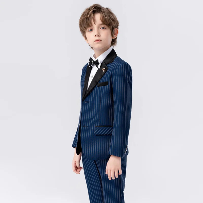 Children Formal Blue Stirped Suit Set Boys Blazer Pants Bowtie Brooch Outfit Kids Performance Piano Host Wedding Costume