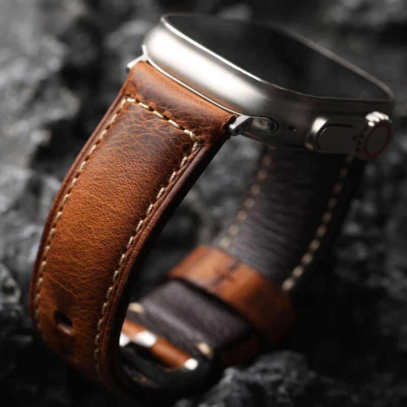 Handmade Leather Strap for iWatch Apple Genuine Leather Ultra2 49MM 44MM 42MM Brown Vintage Aged Watch Strap