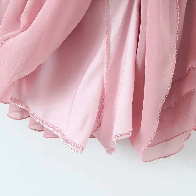 Sweet Women Rose Pink Satin Patchwork Chiffon Sling Dress Summer Female Party Mini Robe Skate Dress