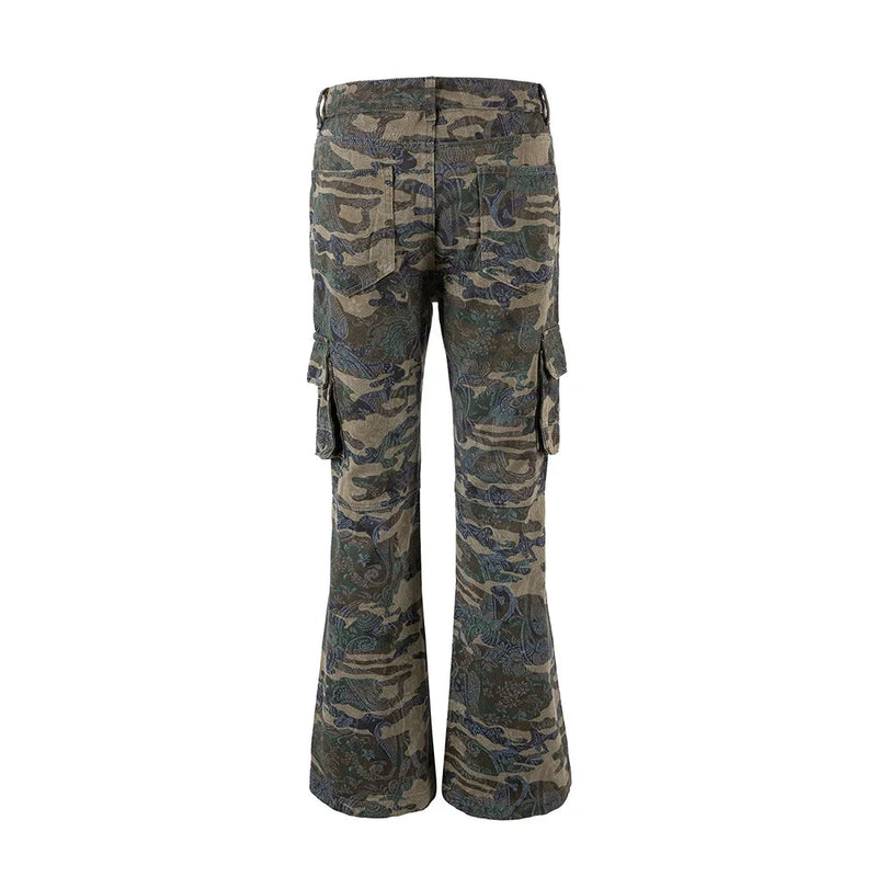 Camouflage Cargo Pants Men Pocket Spliced Safari Loose Flare Pants Men Trousers