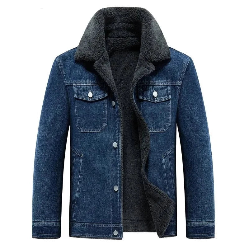 Denim Fleece Jacket Men's Thicken Warm Windbreaker Multi-pockets Cowboy Coats Outdoor Casual Loose 
 Overcoat Winter